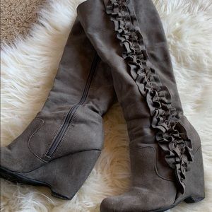 Tall Grey Wedge Boots with Ruffle